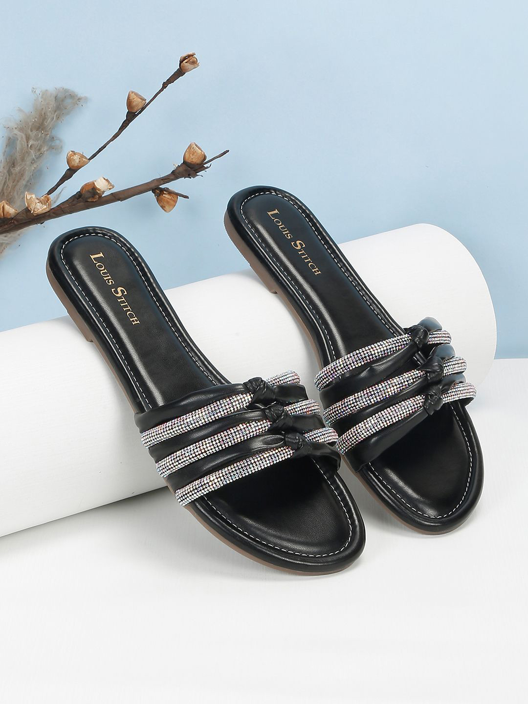 LOUIS STITCH Embellished Slip-On Open Toe  Flats