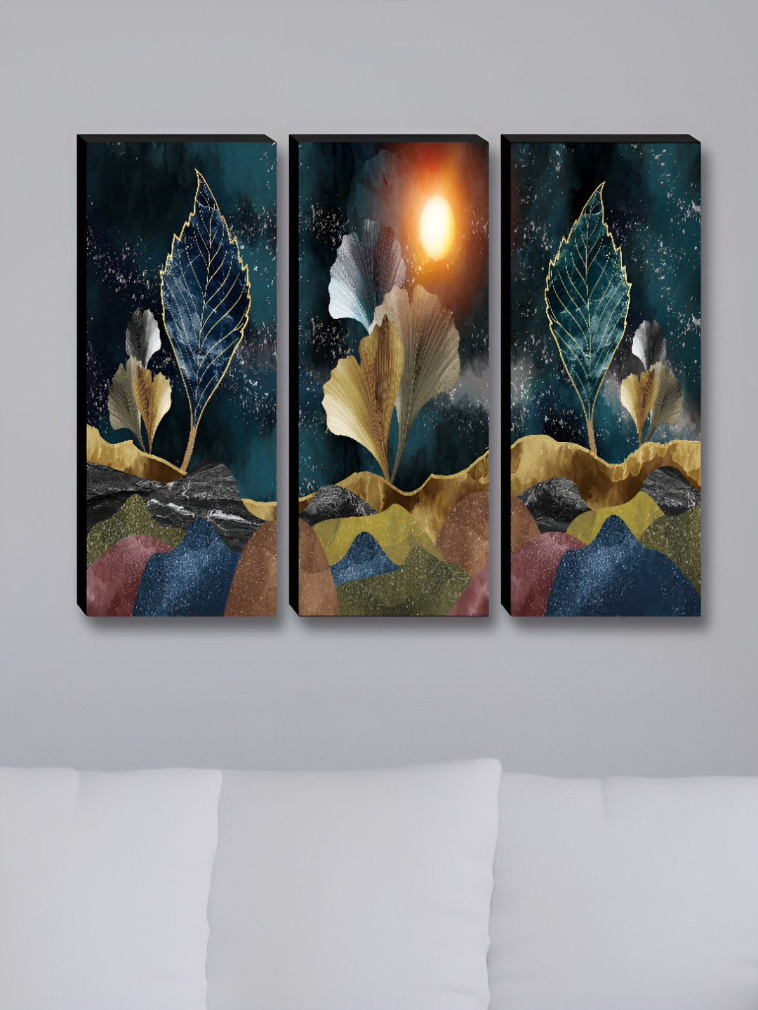Aura Leaf & Moon Wood 3 Piece Rectangle Paintings Wall Art-15 x 20In