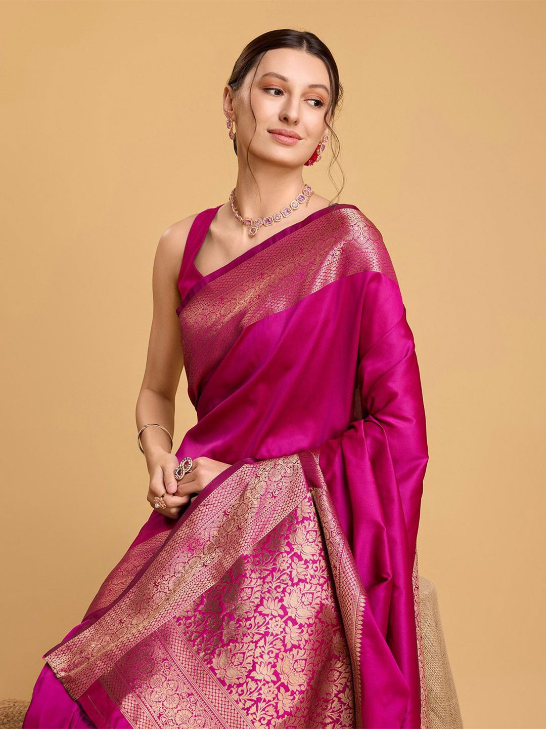 House Of Pataudi Woven Embellished Art Silk Kanjivaram Pink Saree