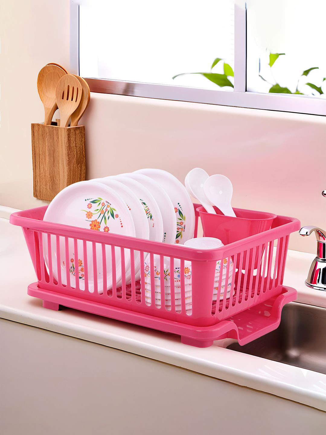 Kuber Industries Pink & Brown 2 Pieces 3 in 1 Large Sink Dish Drainer Rack