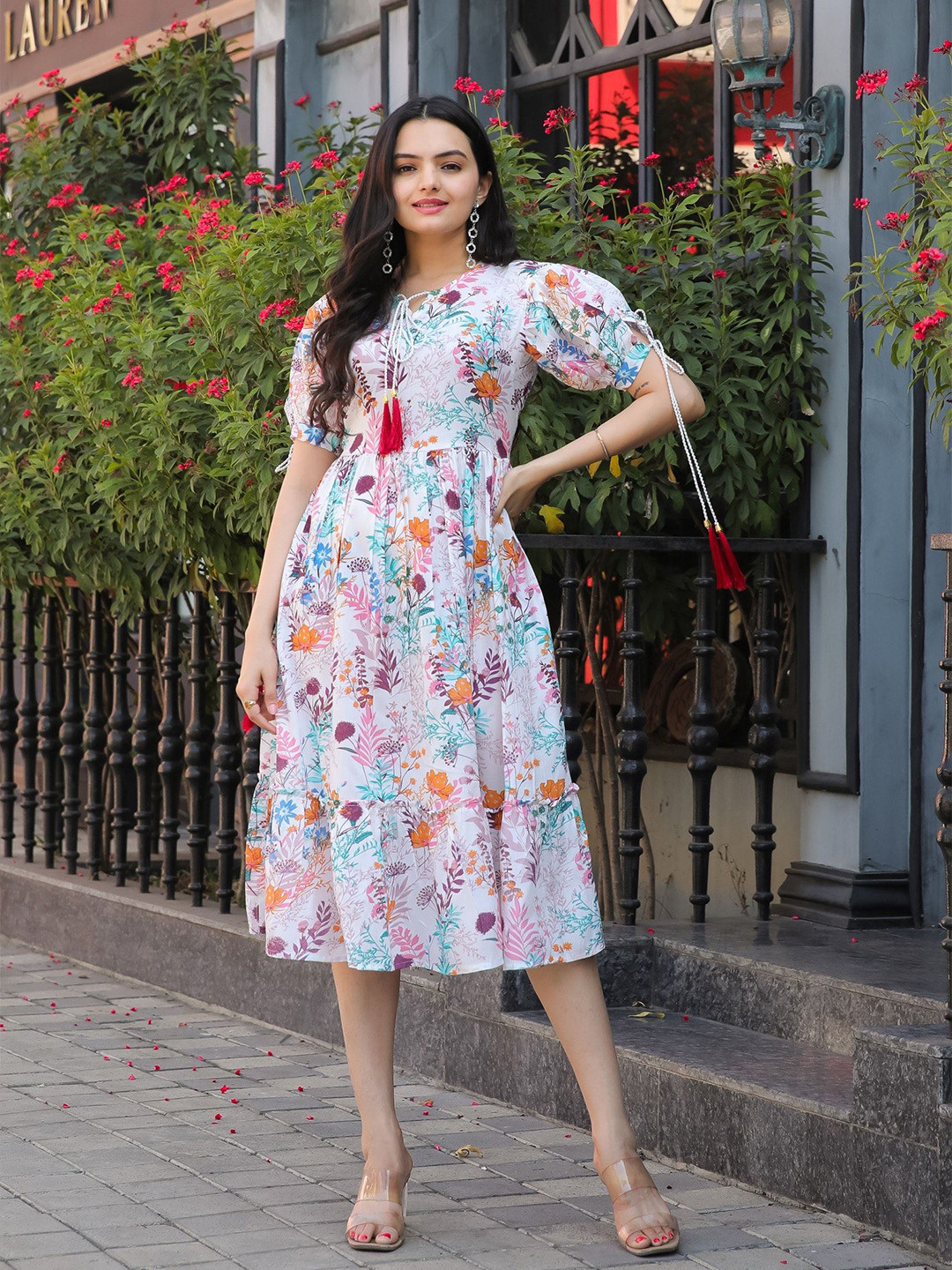 HANDSOME KING Floral Print Tie-Up Neck Puff Sleeve Fit & Flare Midi Dress