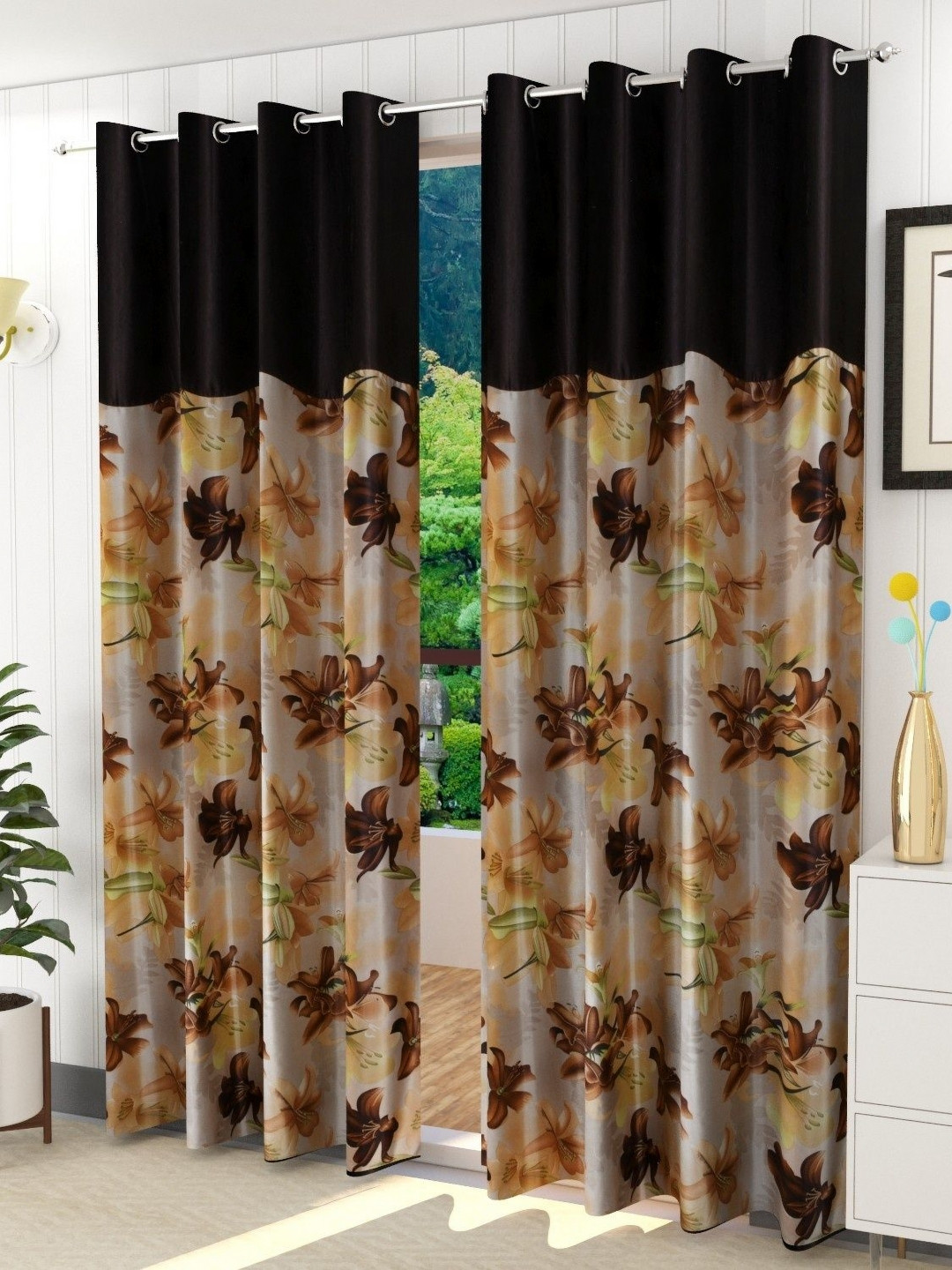 Galaxy Home Decor Brown & Yellow 2 Pieces Floral Printed Light Blocking Window Curtains