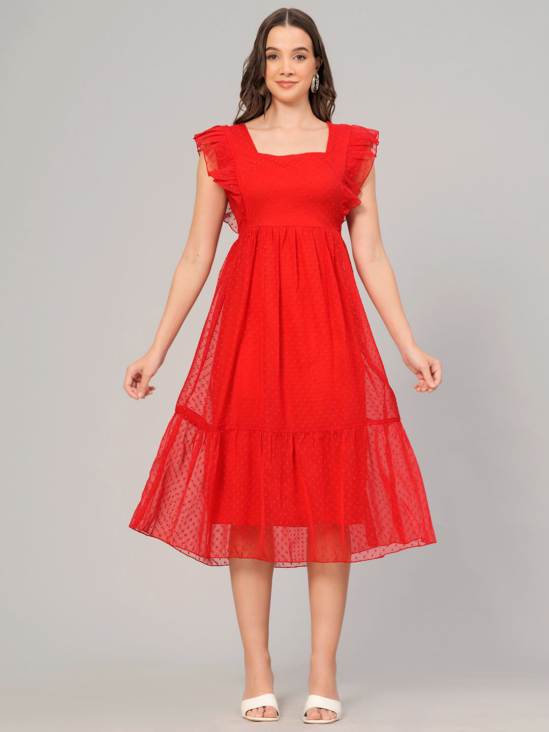 OH MI DIOS Women Red Square Neck Flutter Sleeve Midi Dress