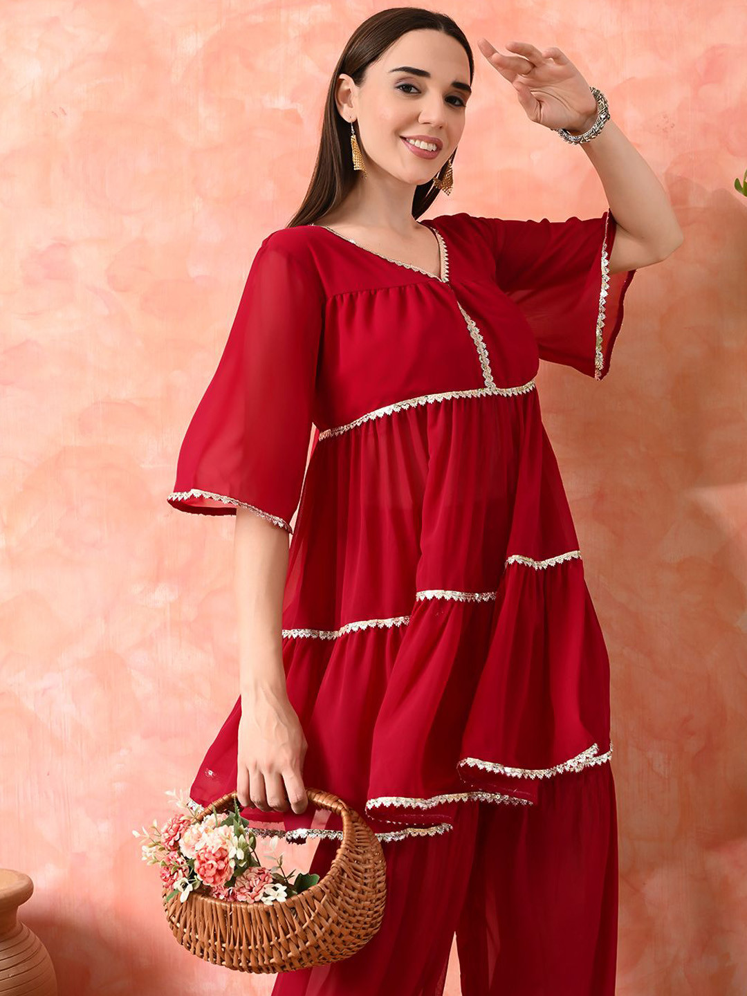 Sangria V-Neck Anarkali Kurti With Sharara Set