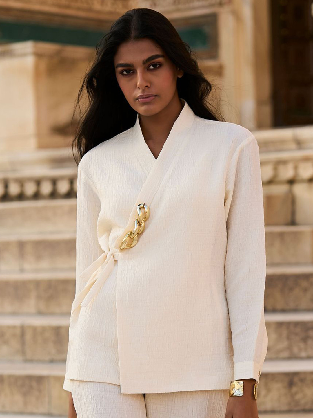 Dash and Dot Women Wrap Textured Side Tie Top