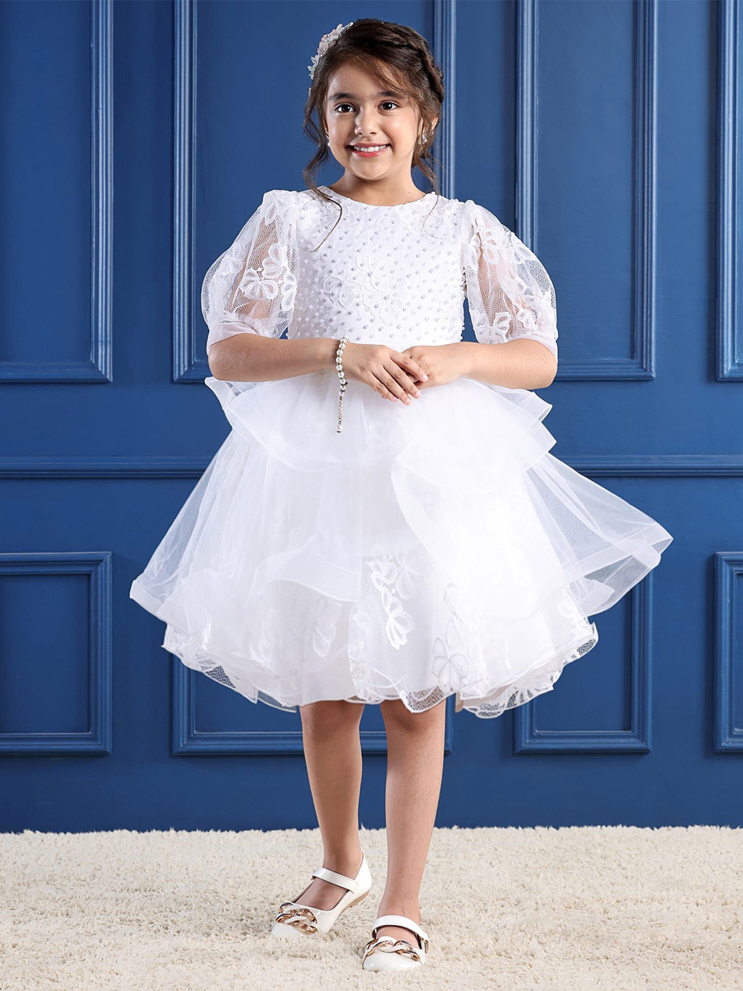 Mark & Mia Girl's Half Sleeves Ruffles Detailing & Floral Embroidered Dress