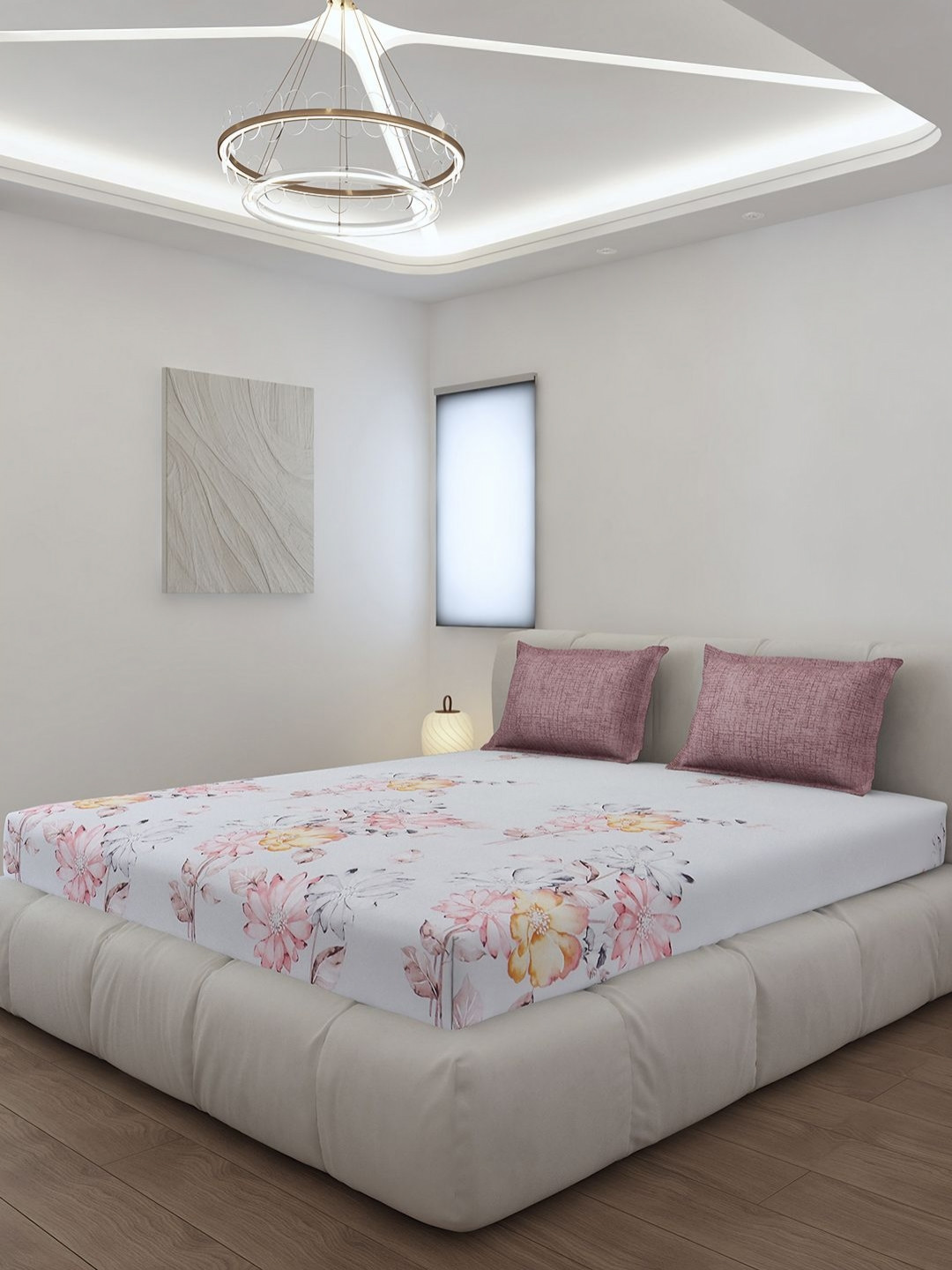 Monte Carlo White Floral Polyester 144 TC Fitted King Bedsheet with 2 Pillow Covers-185 x 195 cm