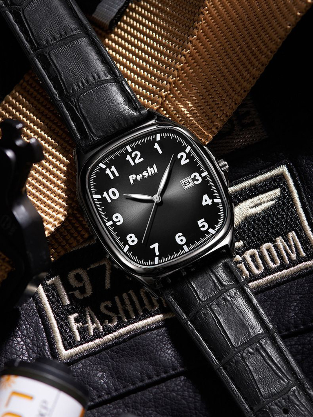 Poshi Men Square Dial Genuine Leather Strap Watch with Adjustable Clasp