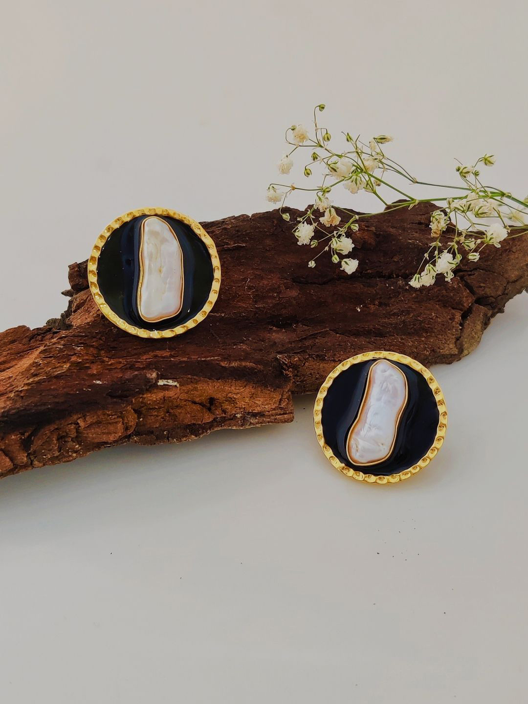 Mokshali Jewelry 18KT Gold-Plated Baroque Pearls Studded Disc Hammered Enamel Studs