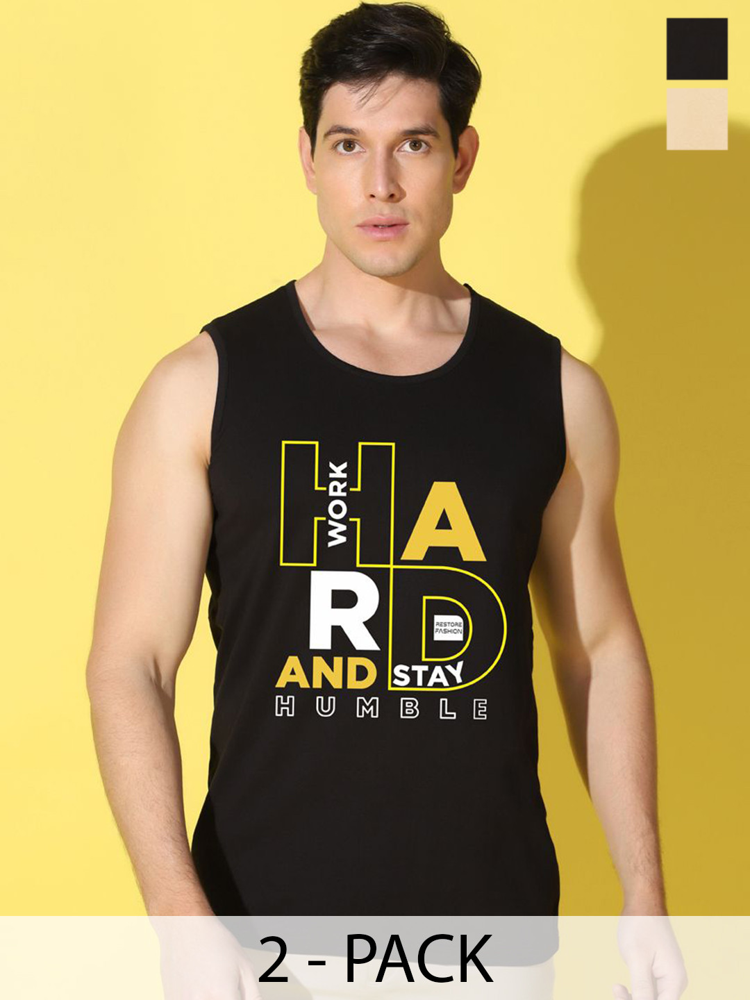 WOOSTRO Pack Of 2 Printed Super Combed Cotton Gym Vests VWS26(HARD BLACK)(PLAIN RUST)-RUST