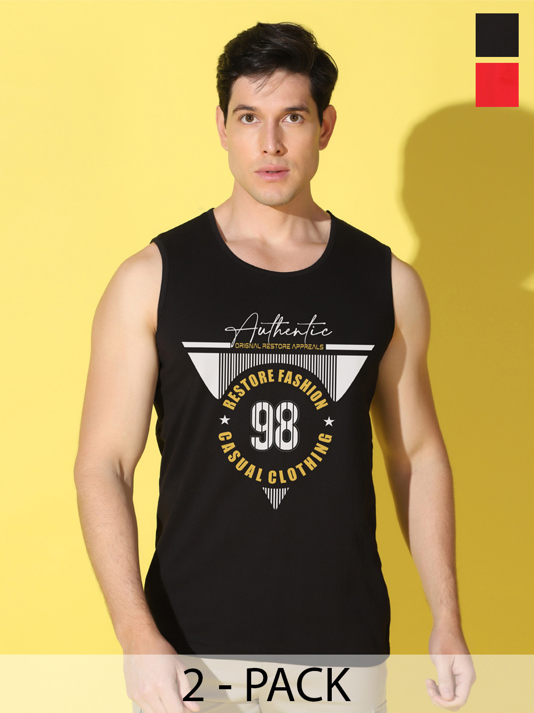 WOOSTRO Men Pack of 2 Typography Printed Round Neck Cotton Slim Fit T-shirts