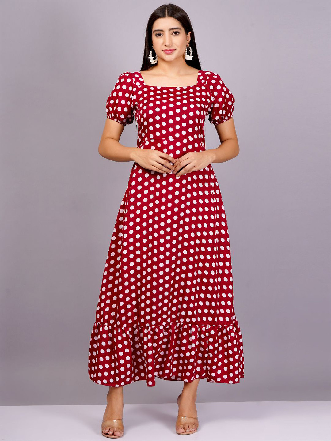 OH MI DIOS Polka Dot Printed Puff Sleeve Square Neck Maxi Dress