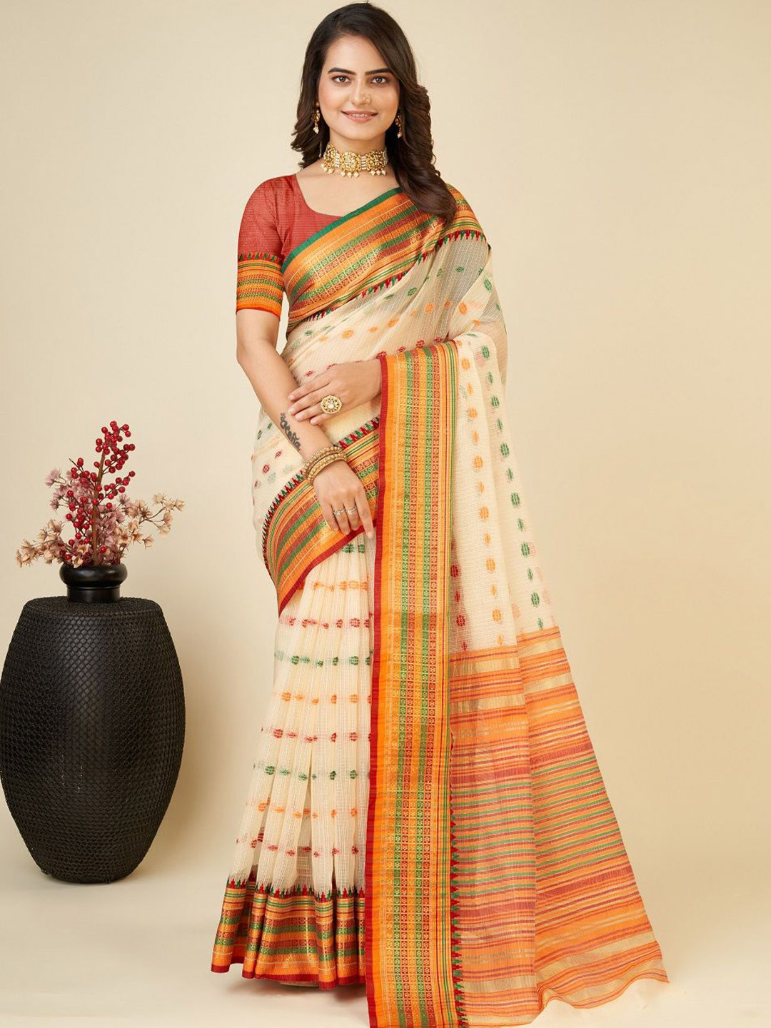 House of Pataudi Woven Design Kota Doria Saree With Blouse Piece