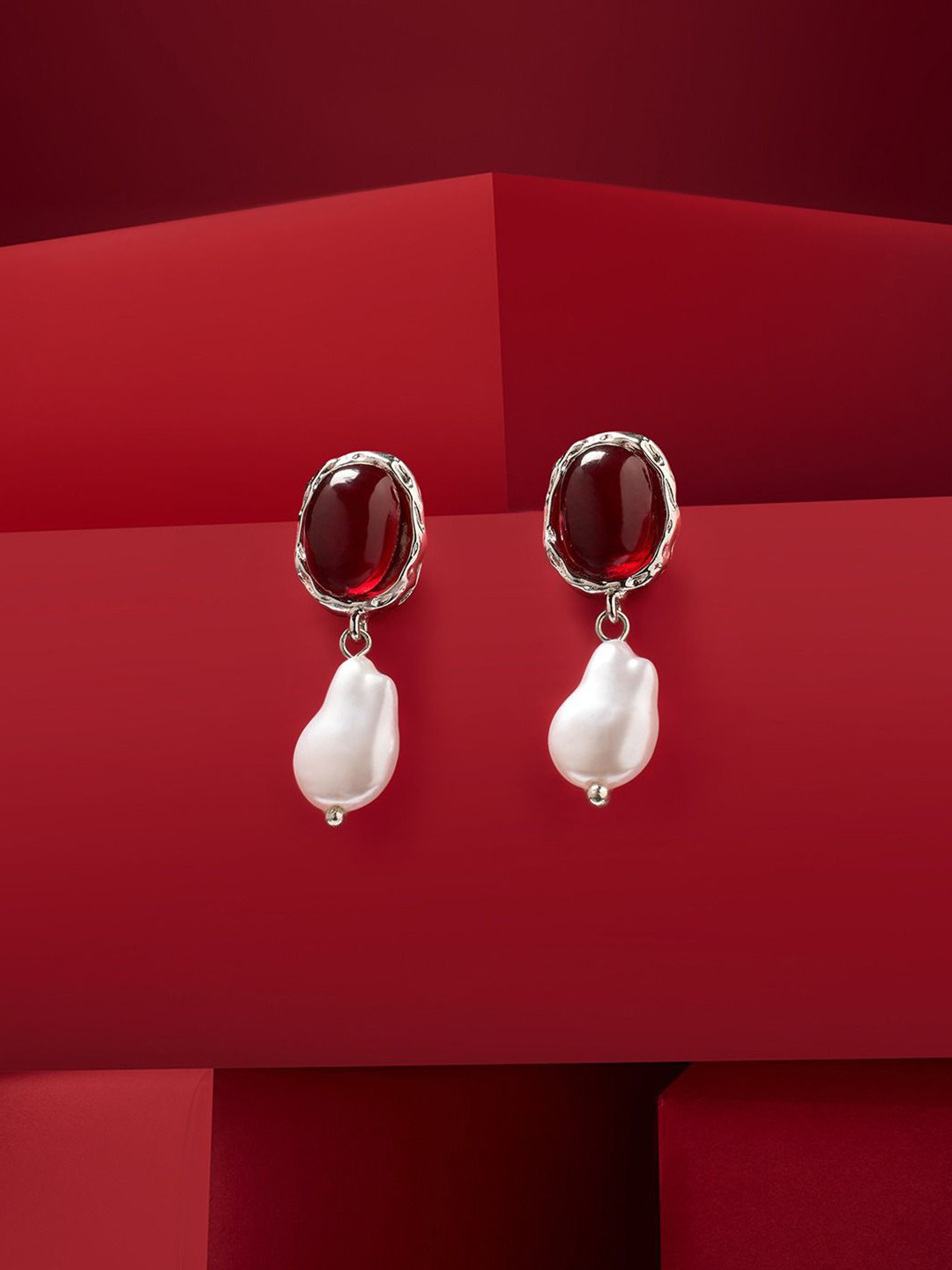 AMI Silver-Plated Artificial Stones Studded & Pearls Beaded Oval Baroque Drop Earrings