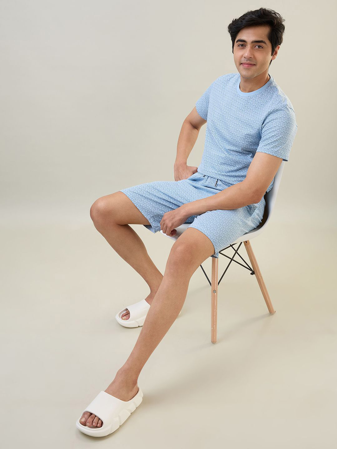 SleepZ by Raymond Printed Round Neck Pure Cotton T-Shirt With Shorts