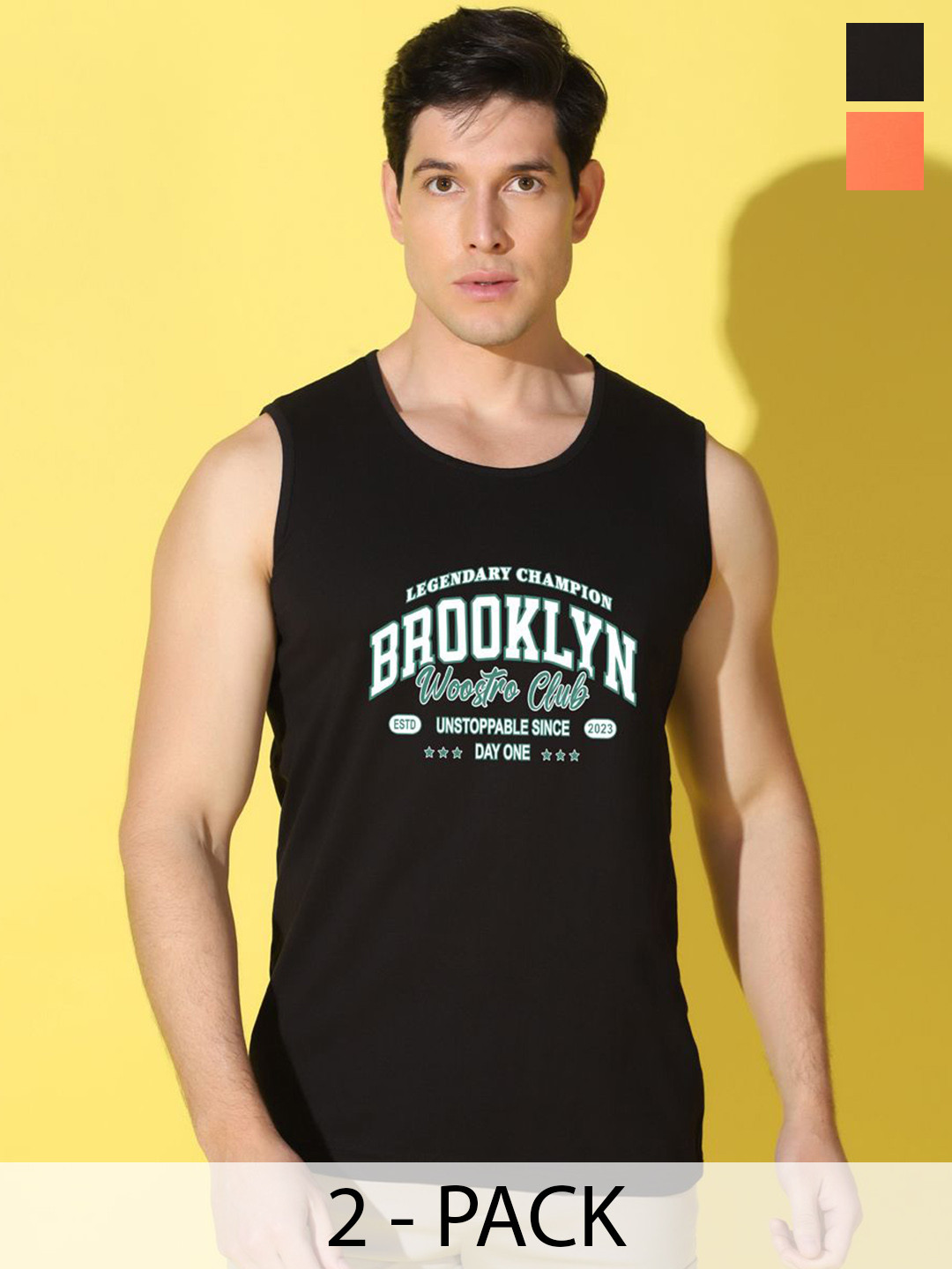 WOOSTRO Pack Of 2 Printed Combo Cotton Gym Vests VWS26(BKLN BLACK)(PLAIN ORANGE)