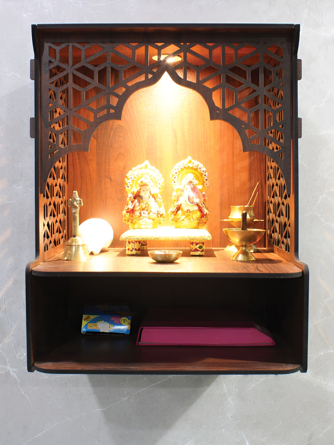 RANDOM Brown Wall Mounted Wooden Home Temple With Storage & LED Light