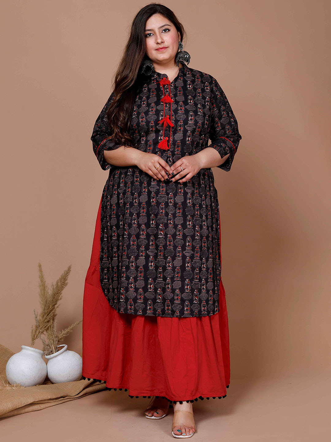 Doriyaan Plus Size Ethnic Motifs Printed Mandarin Collar Pure Cotton Kurta With Skirt
