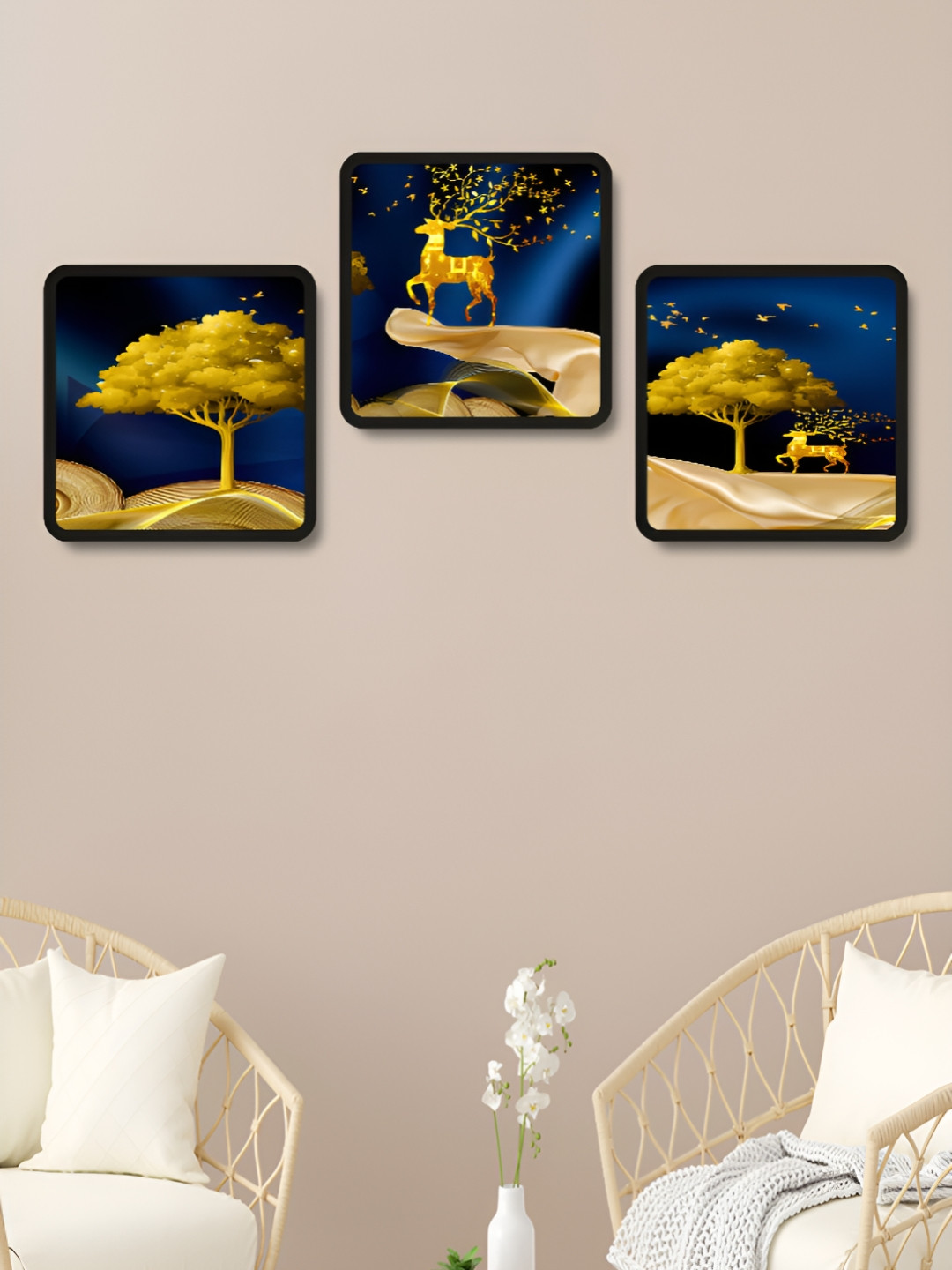 SAF Blue Wood 3 Pcs Wall Living Room Square Potrait Paintings Wall Art -48.26 x 48.26In
