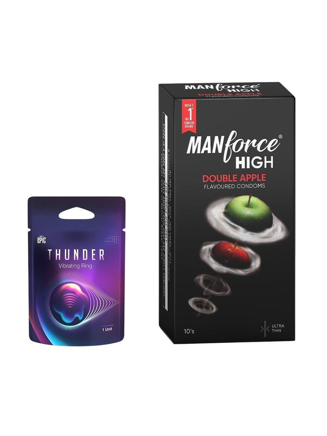 Manforce Set Of Epic Thunder Vibe Ring With High Double Apple Condom - 10 Pcs