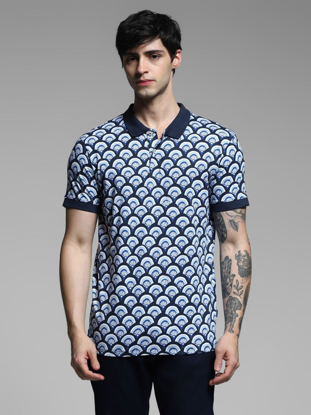 Jack & Jones Men Floral Printed Polo Collar Cotton T-shirt
