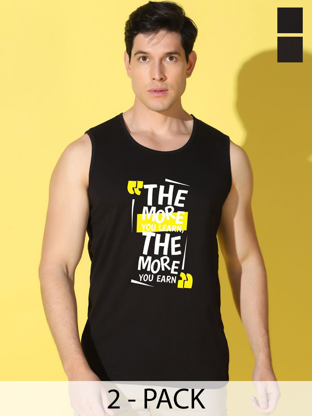 WOOSTRO Pack Of 2 Printed Super Combed Cotton Gym Vest VWS26(MORE BLACK)(PLAIN BLACK)