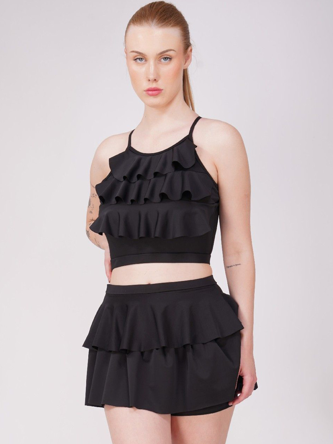 Poftik Women Padded Frill Ruffle Detail Two-Piece Skirtini Swimwear Frill Swimsuit