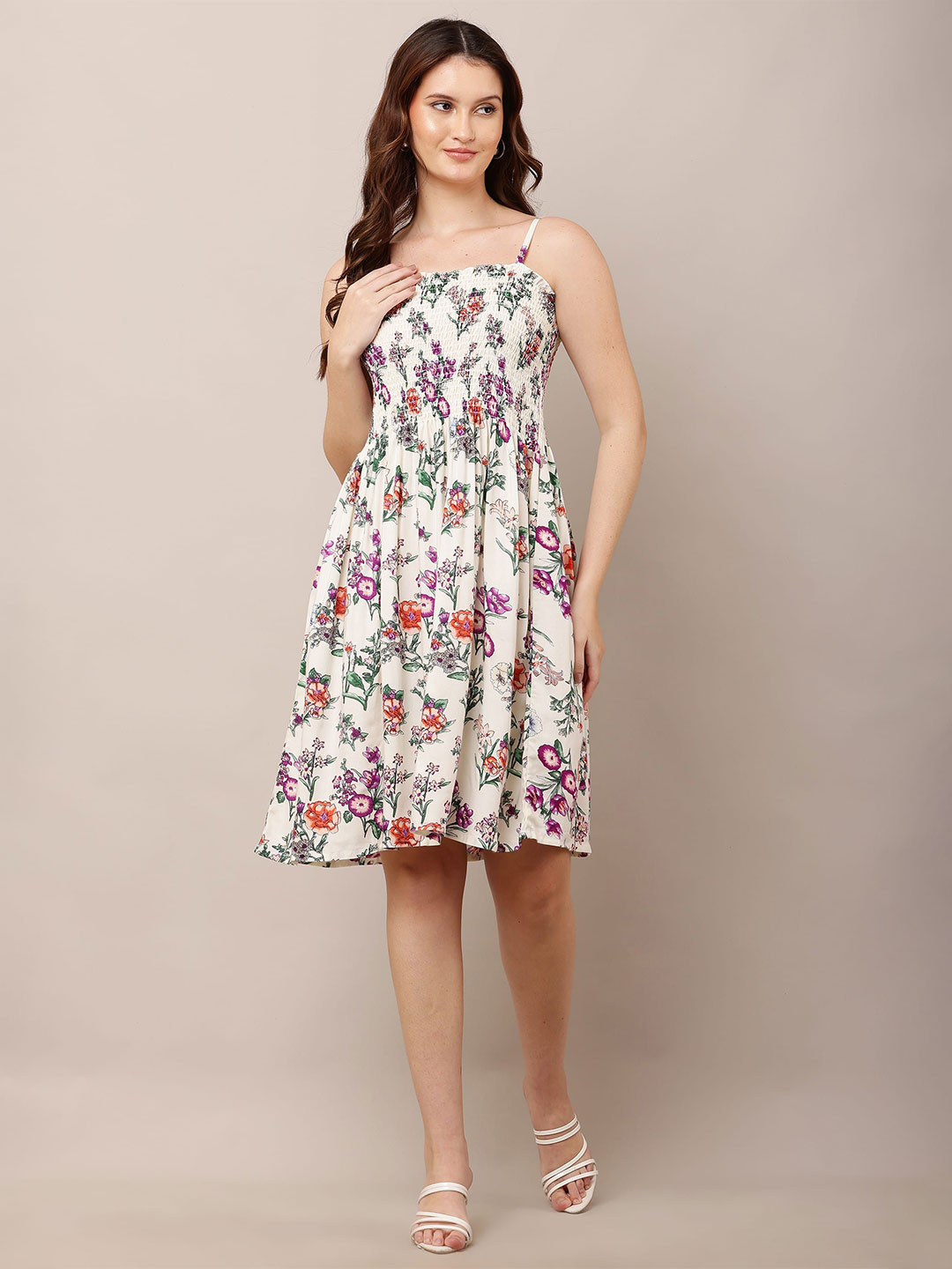 Moda Rapido Women Floral Printed Fit & Flare Knee Length Dress With Smoked Details