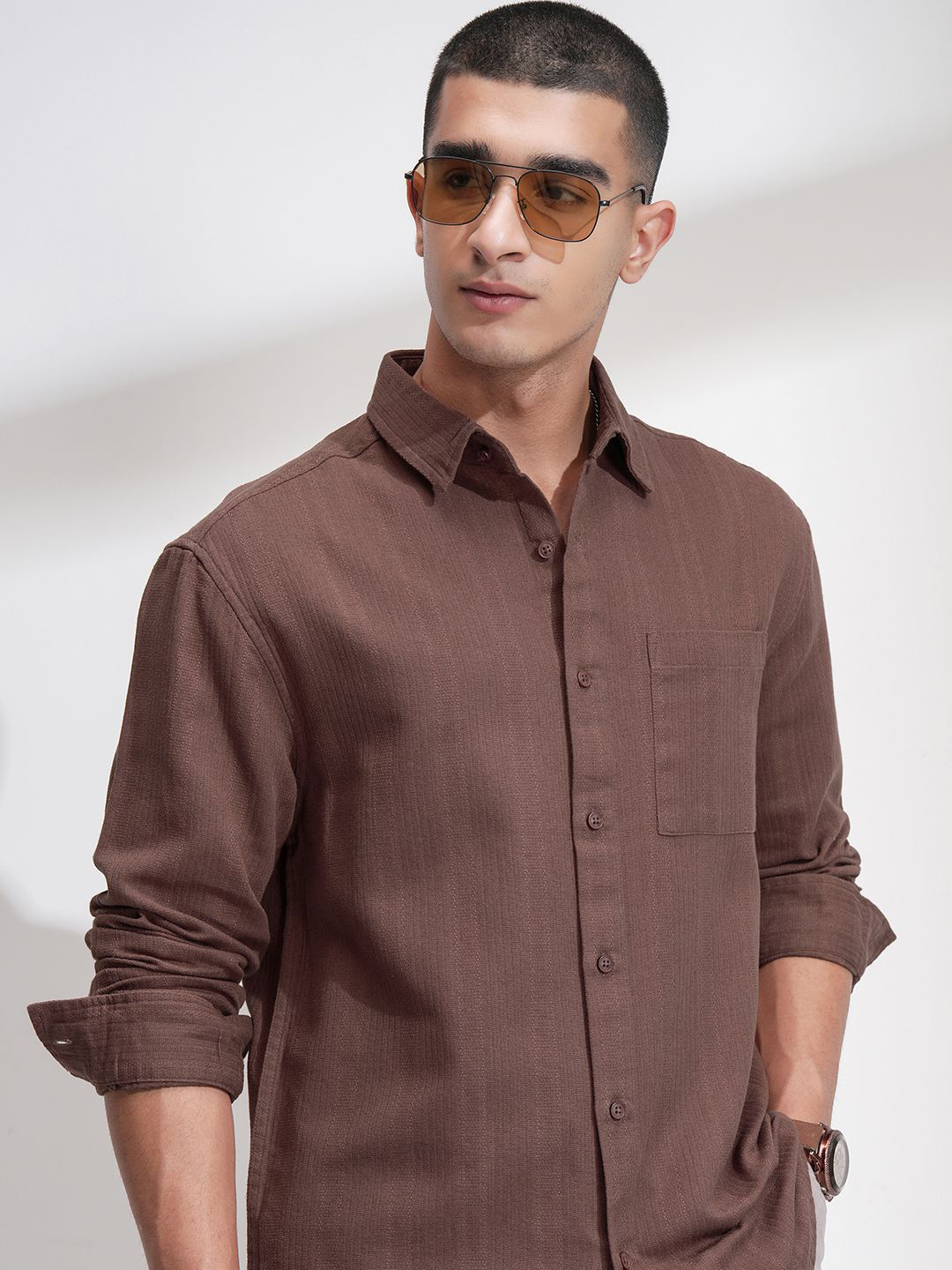 HIGHLANDER Men Comfort Relaxed Fit Textured Spread Collar Cotton Casual Shirt