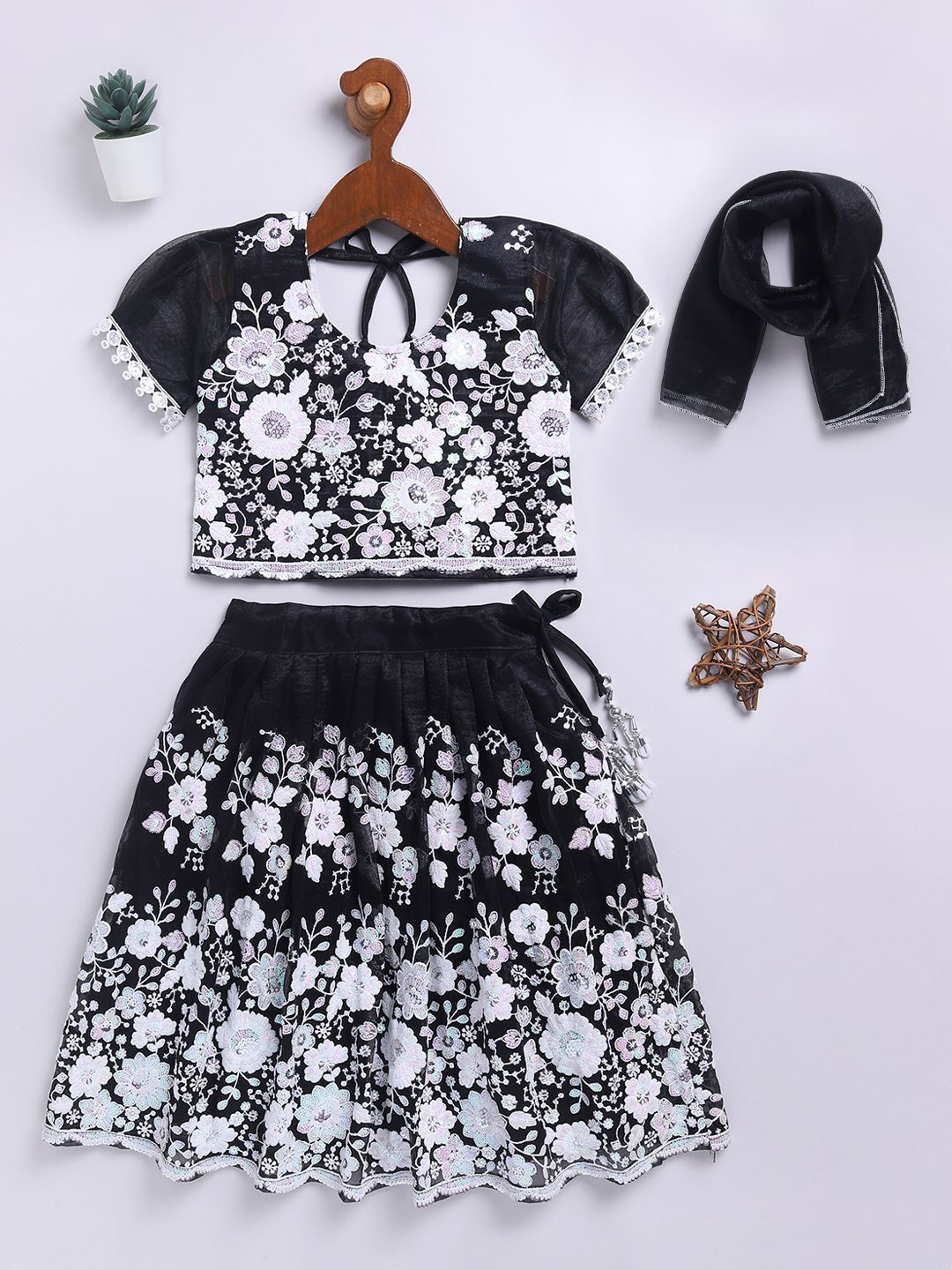 JBN Creation Girls Embroidered Sequinned Organza Lehenga With Blouse & Dupatta