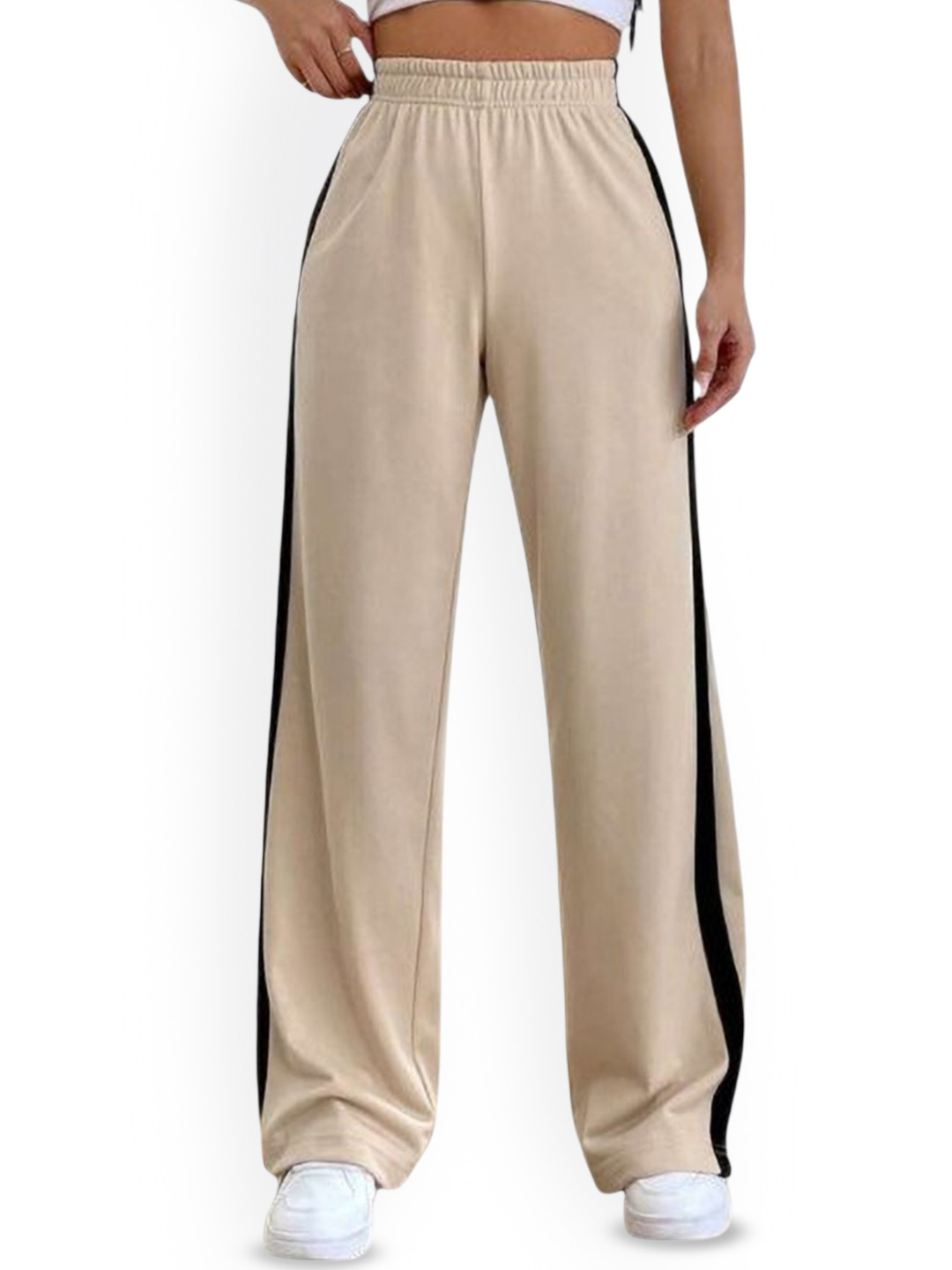 MS BOTTOM Women Side Stripes Loose Fit High-Rise Wide Leg Trousers