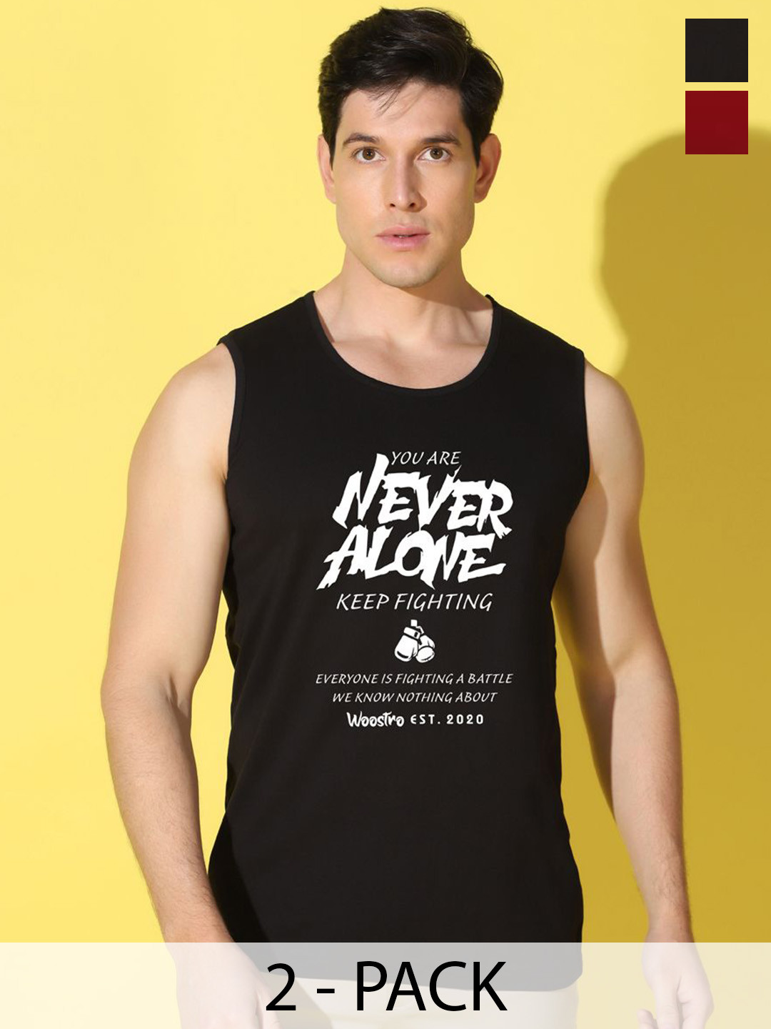 WOOSTRO Men Pack Of 2 Printed Super Combed Gym Vests VWS26(ALONE BLACK)(RUN MAROON)