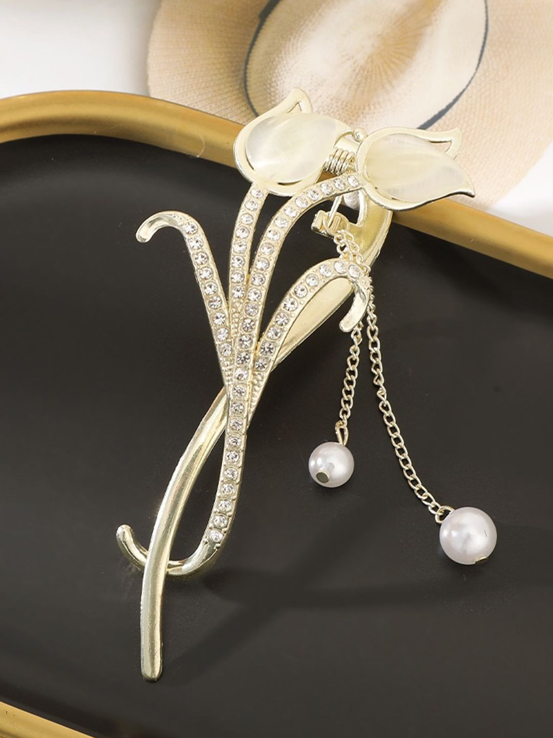 LYKAA Set of 1 Golden Fancy Stylish Metal Flower Banana Clip With latkan