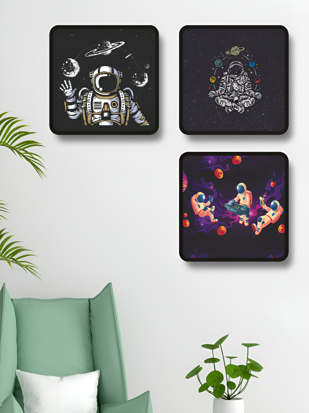 SAF Space Men Wood 3 Piece Wall Square Paintings Wall Art