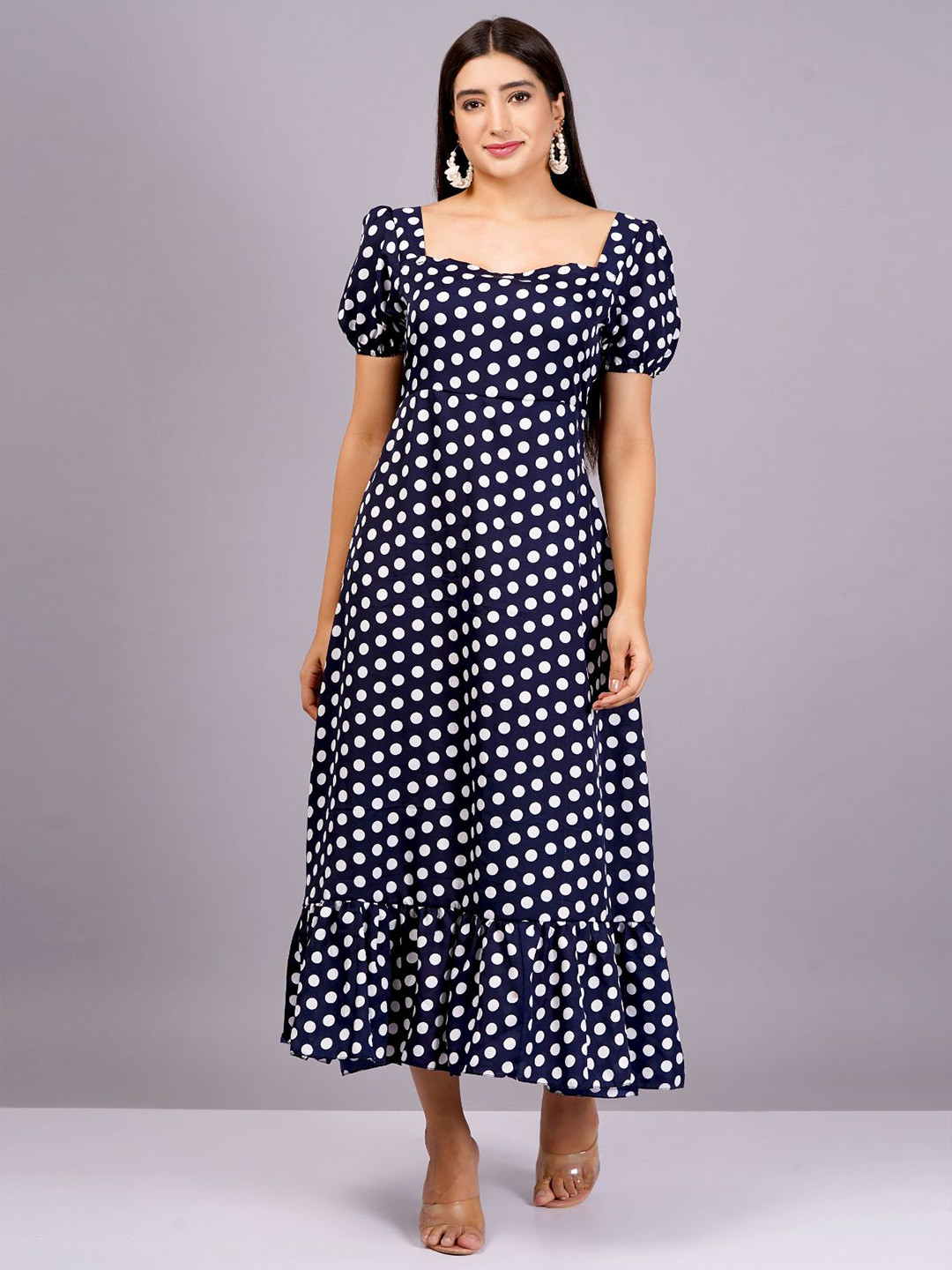 OH MI DIOS Polka Dot Print Square Neck Puff Sleeve Fit & Flare Midi Dress