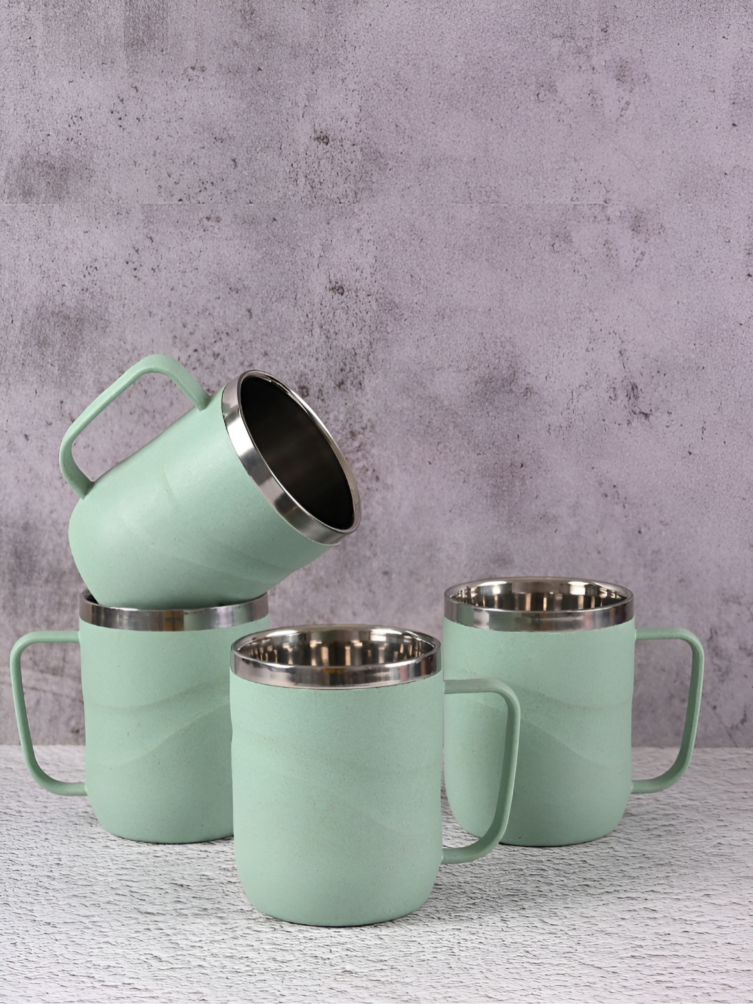 eha Glazed Green Textured Biocomposite Handmade 4 Piece Mugs-400ml