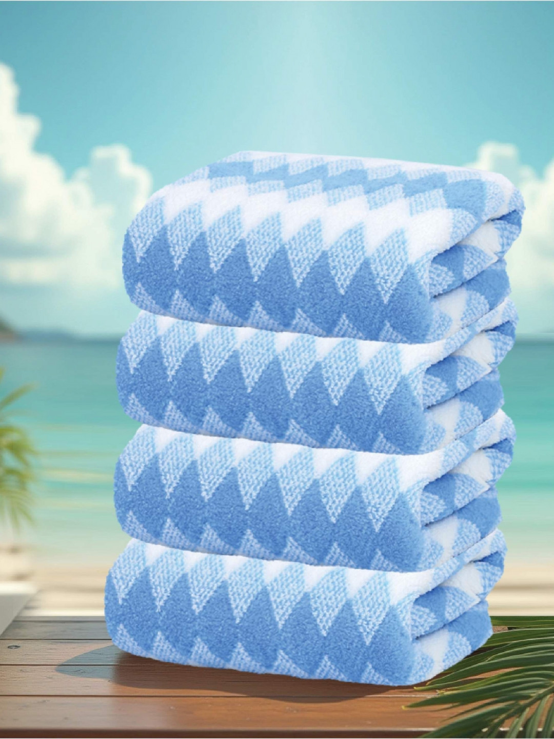 HOUSSE White & Blue 4-Psc Printed 350 GSM Ultra Absorbent Super Soft Quick Dry Face Towels