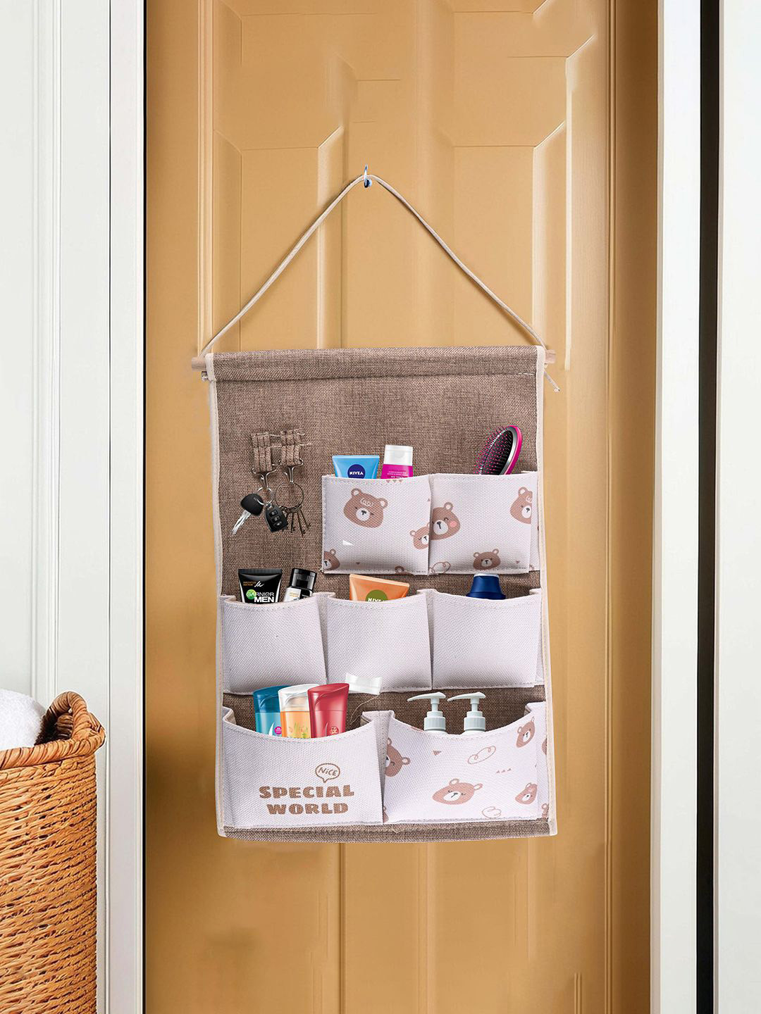 Kuber Industries Brown & White 7 Pockets 2 Hooks & Hanger Multi-Utility Organisers