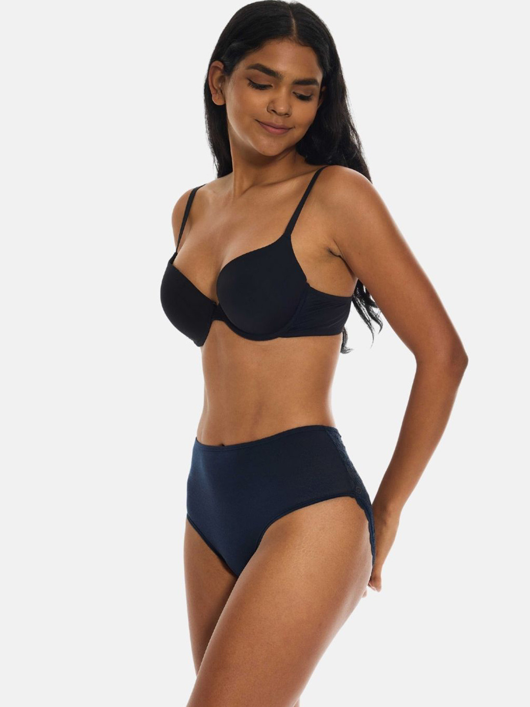 Butt-Chique Women Hipster Panty Midnight Blue Full Lace Back Coverage Mid-Rise Brief