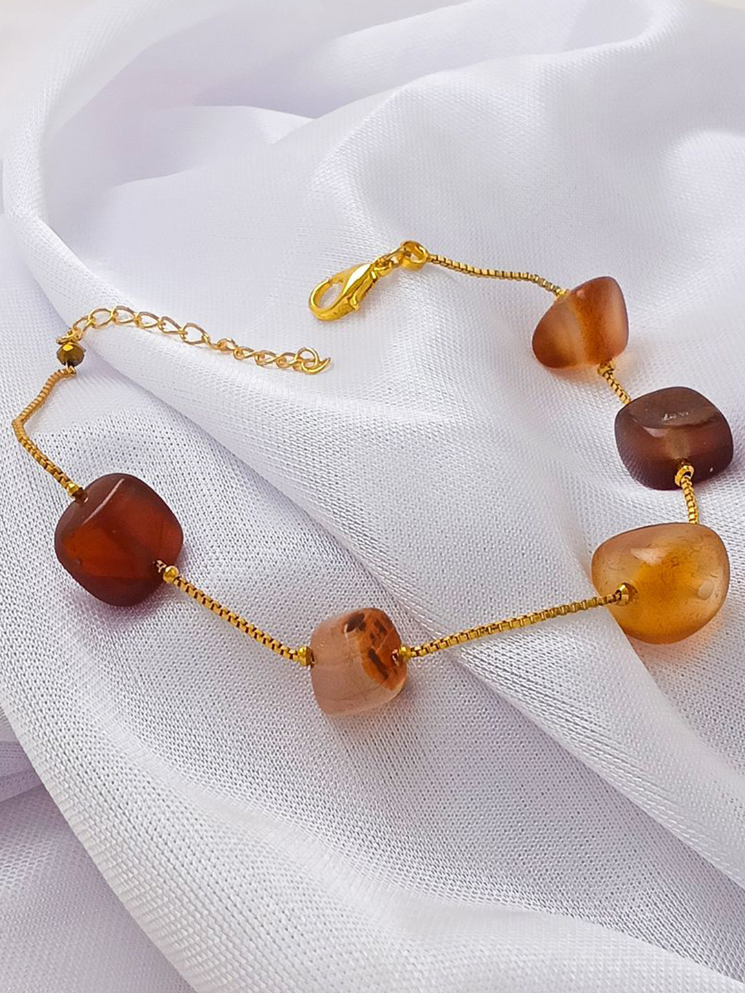 Saizen Gold-Plated Amber Brown Stones Beaded Wraparound Bracelet