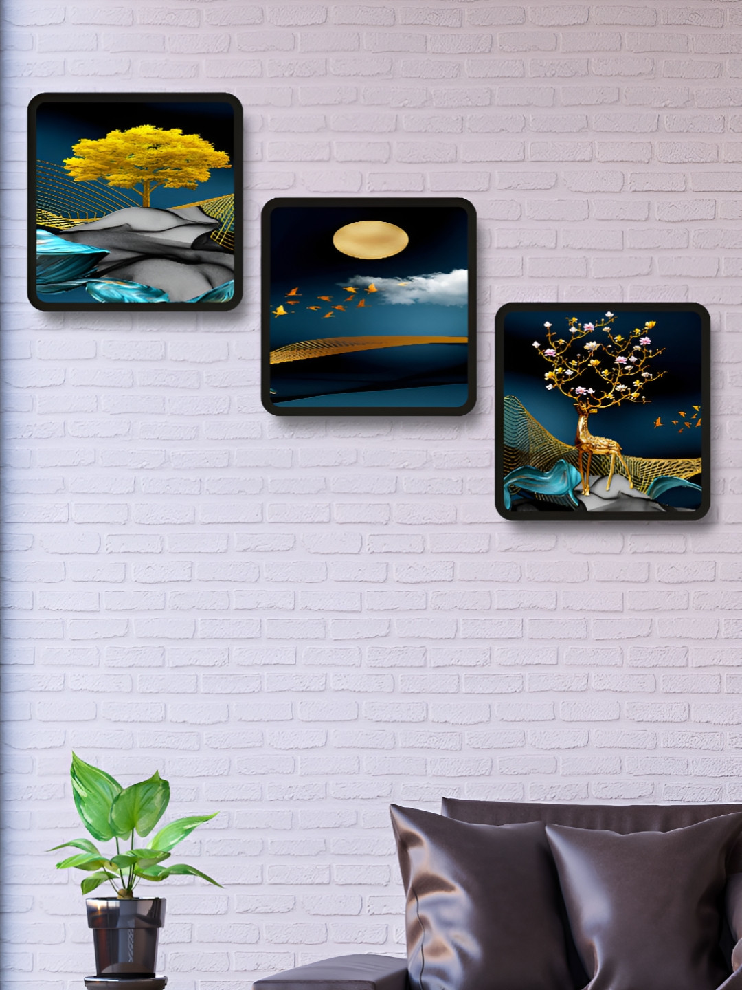 Aura Black & Blue 3 Pieces Floral & Botanical Printed Wood Motivational Quotes Wall Art