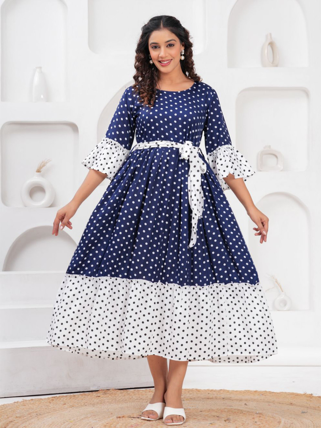OH MI DIOS Women Navy Blue Polka Dots Midi Dress