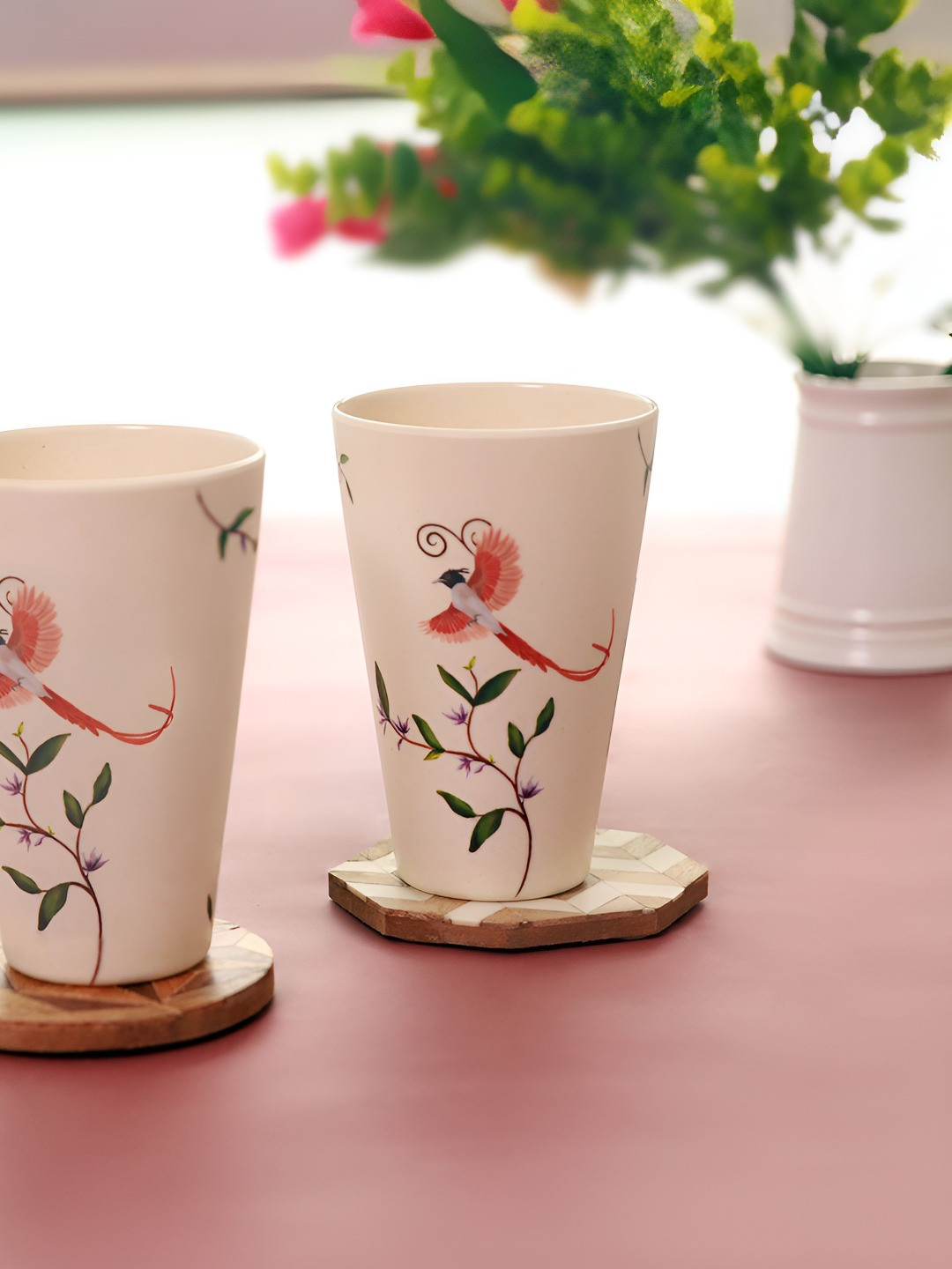 Truly Eco Smart Living Retail White Set of 2 Floral Printed Natural Bamboo Tumbler