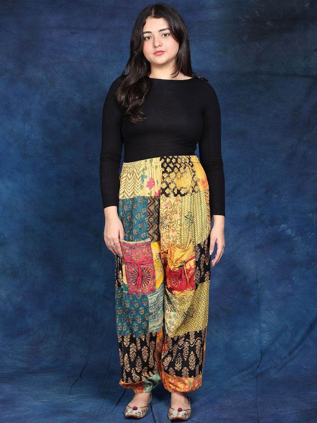 Exotic India Pure Cottom Multicolor Printed Patchwork Loose Fit Trouser with Elastic Waist