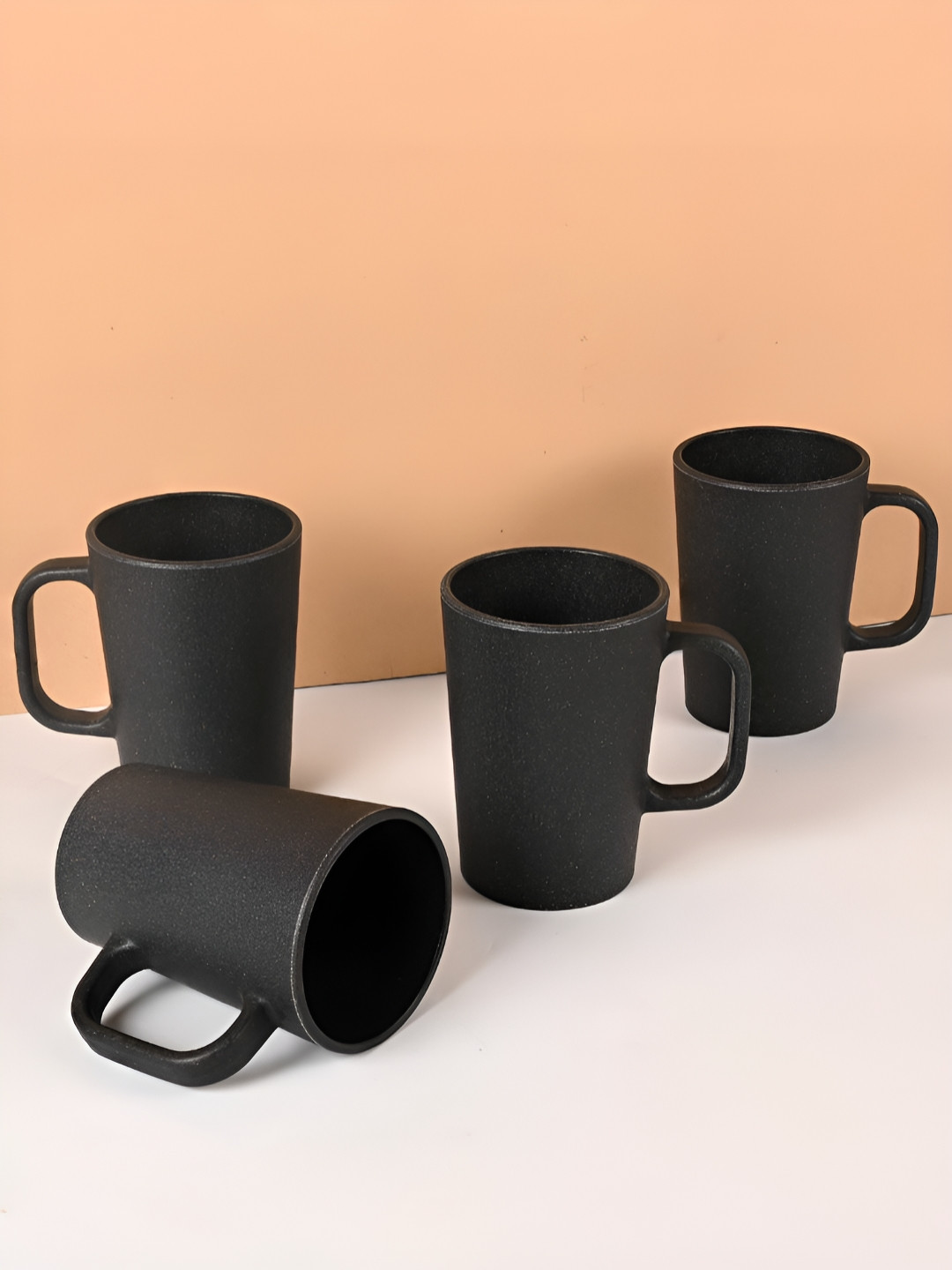 eha Embossed Design Charcoal Ceramic Handmade 4 Piece Mugs-400ml