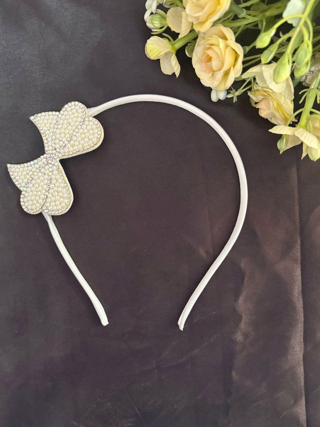 LYKAA Set of 1 White Pearl & Rhinestone Bow Head Band