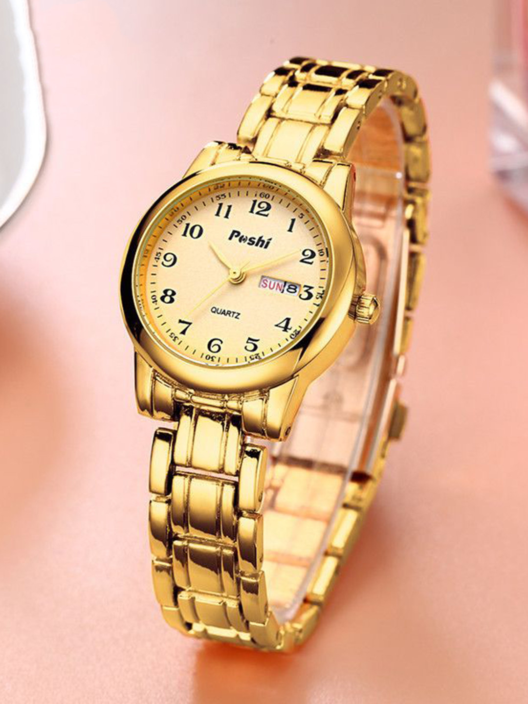 Poshi Women Round Dial Stainless Steel Strap Watch with Adjustable Clasp