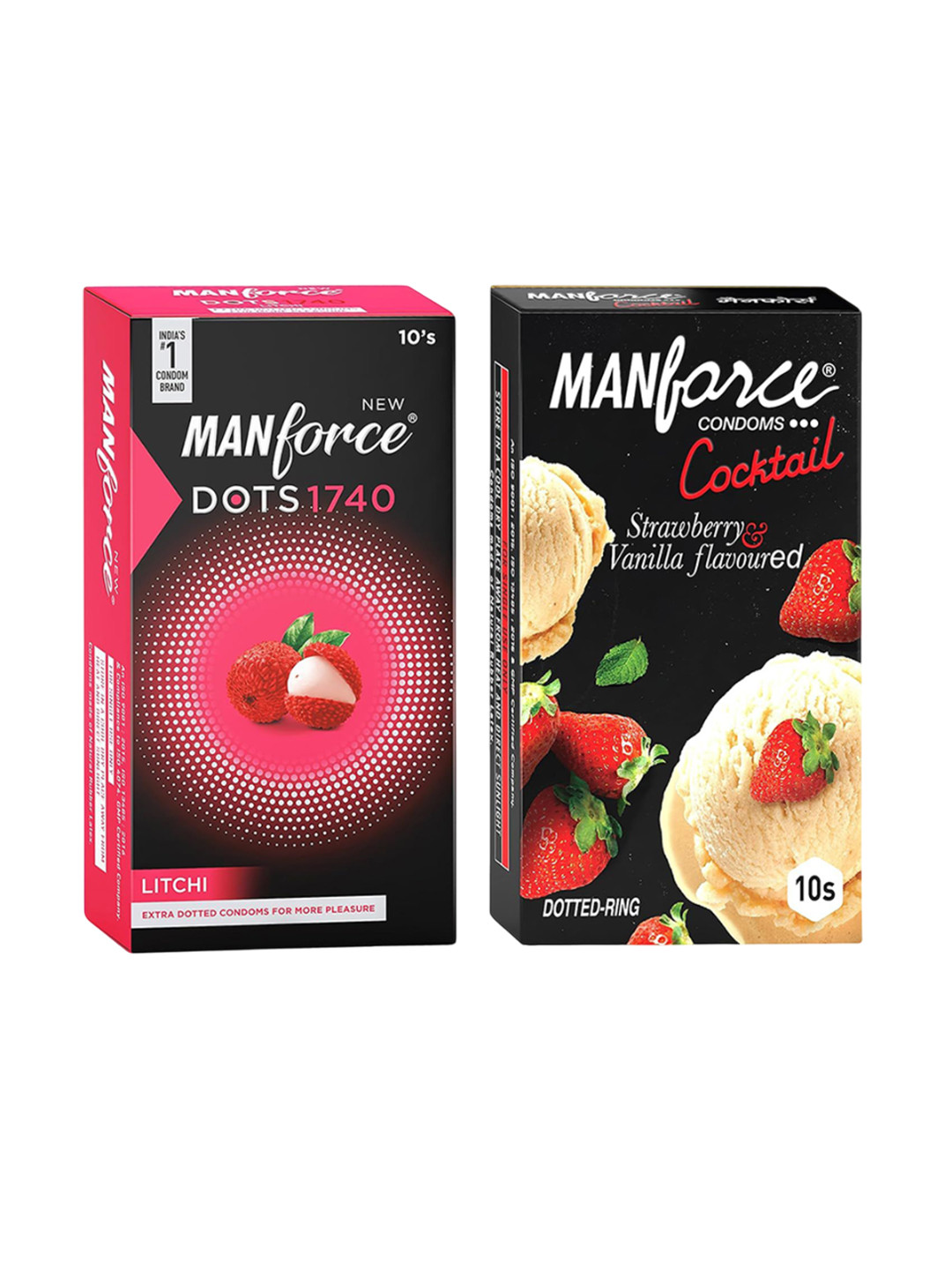 Manforce Men 2Pcs Litchi Dots 1740 Condom & Dotted Cocktail Strawberry Condom - 10Pcs Each
