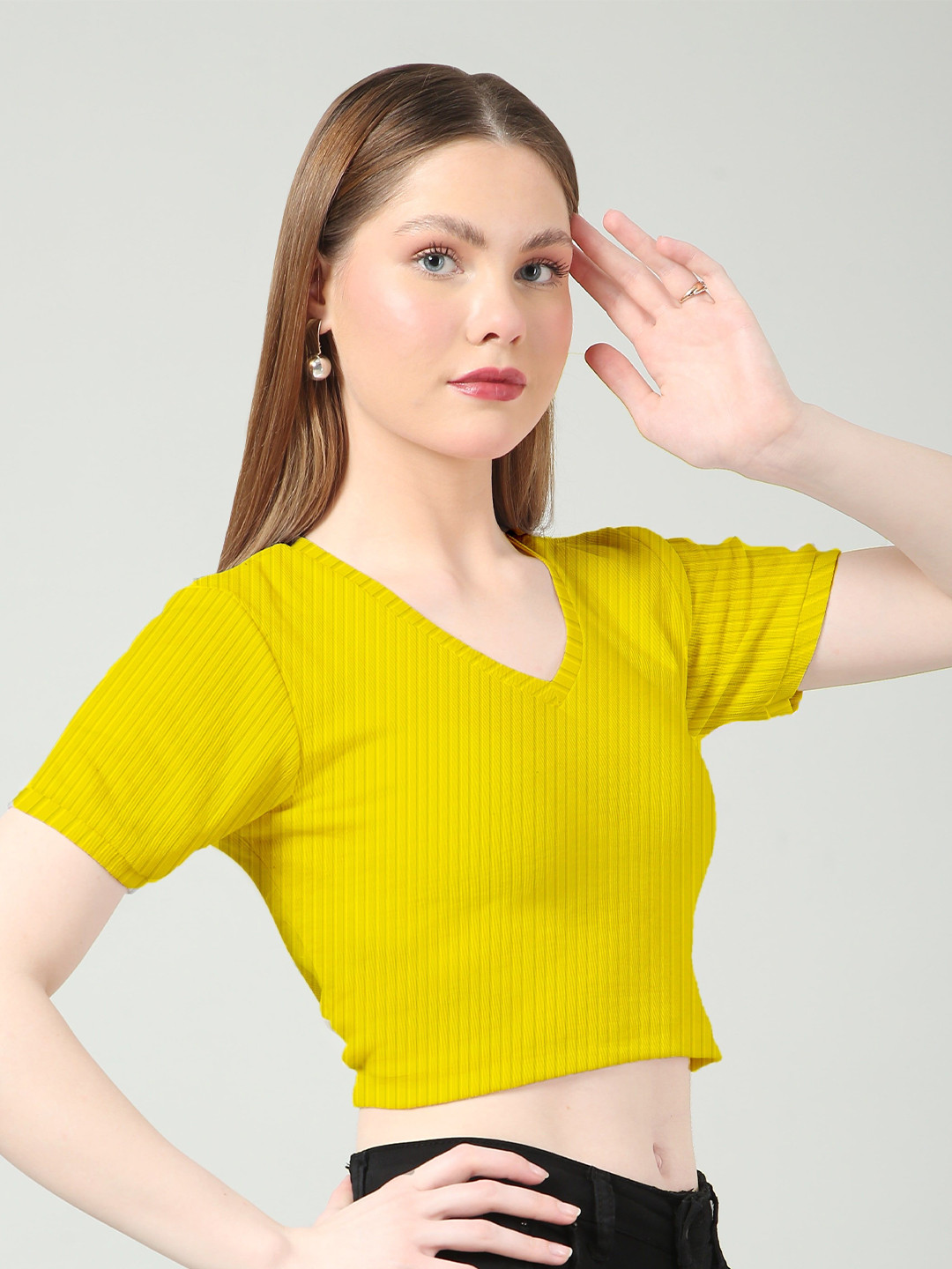 HEAST Yellow Ribbed V-Neck Crop Top