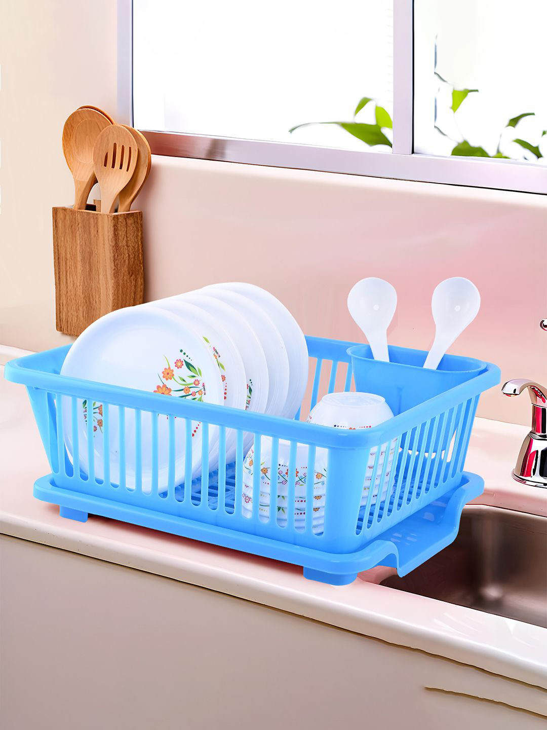 Kuber Industries Plastic Dish Drainer Drying Rack with Tray Home & Kitchen Blue